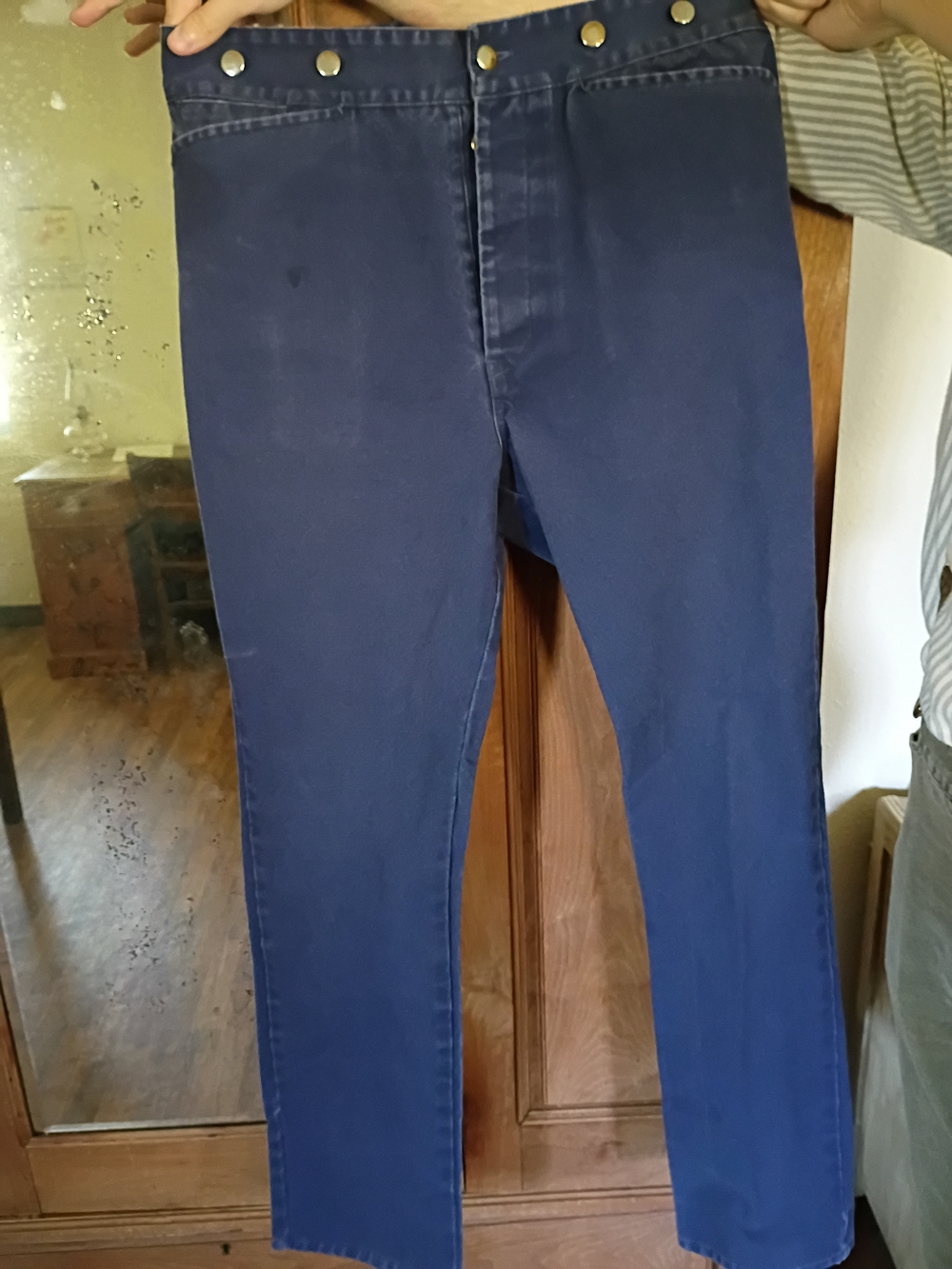 Men's Dark Blue Button Fly Frontier Style Pioneer Historical Pants